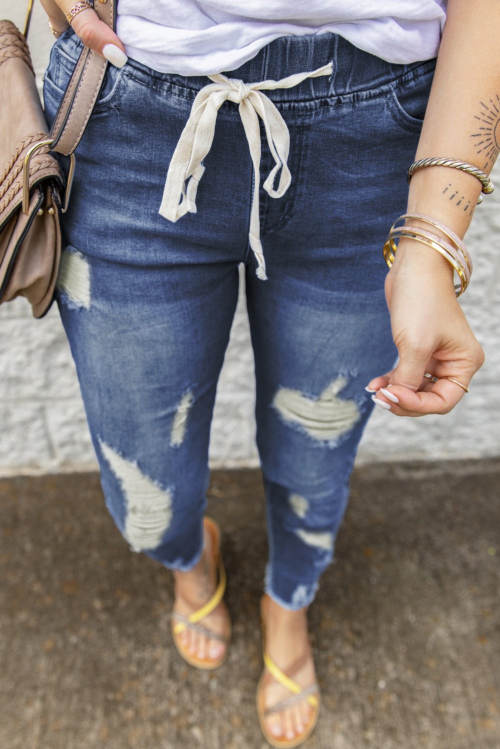 Womens Blue Drawstring Elastic Waist Hole Ripped Jeans