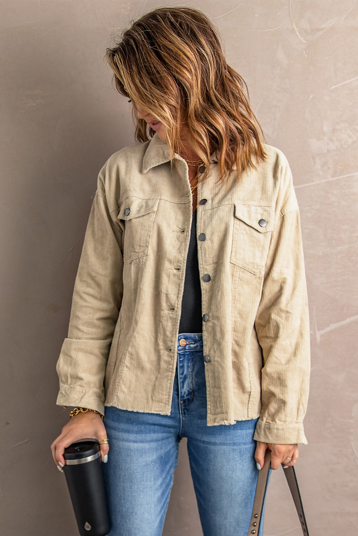 Khaki Pocket Buttoned Corduroy Jacket