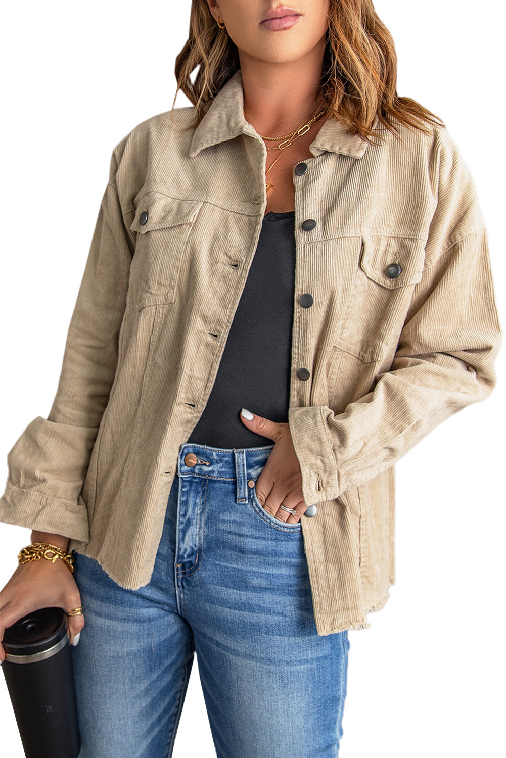 Khaki Pocket Buttoned Corduroy Jacket