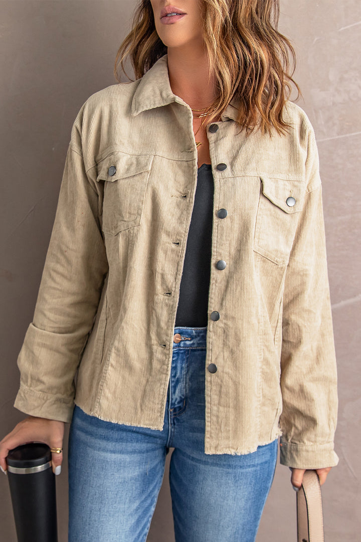 Khaki Pocket Buttoned Corduroy Jacket