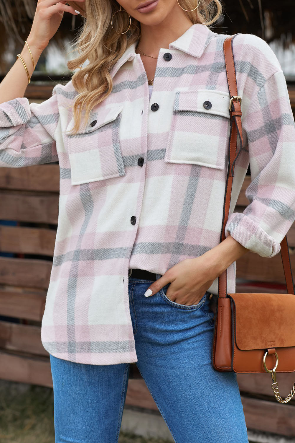 Classic Pink Plaid Print Pocket Women Shacket