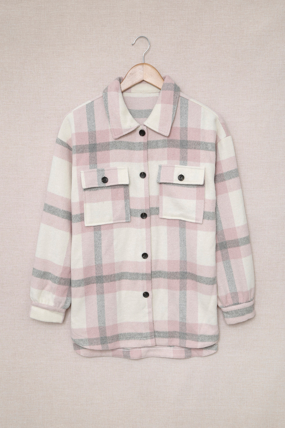 Classic Pink Plaid Print Pocket Women Shacket