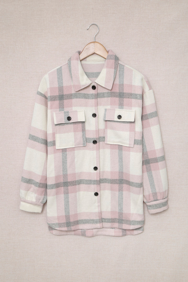 Classic Pink Plaid Print Pocket Women Shacket