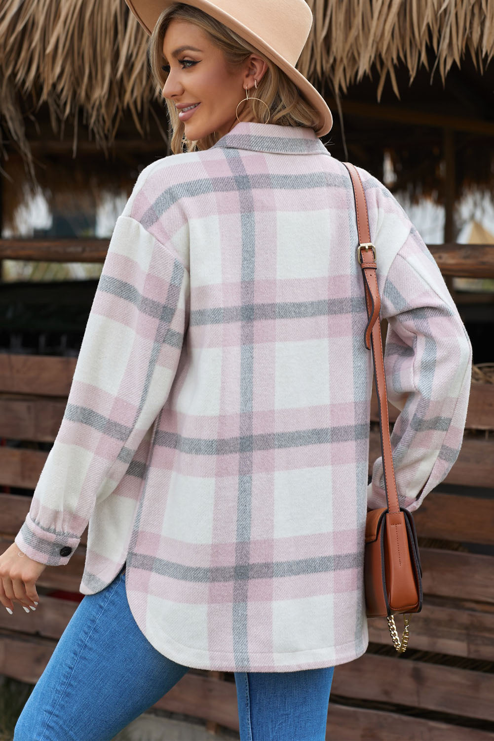Classic Pink Plaid Print Pocket Women Shacket