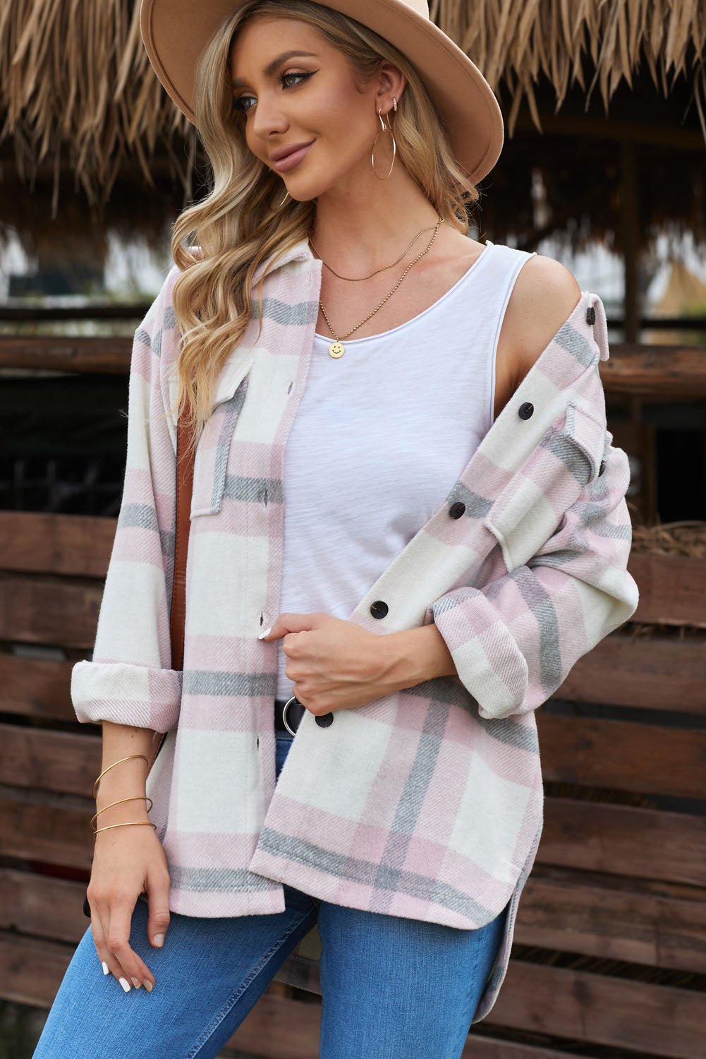 Classic Pink Plaid Print Pocket Women Shacket