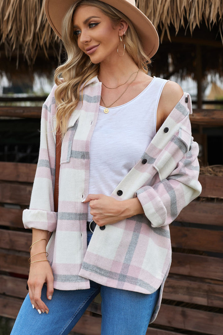Classic Pink Plaid Print Pocket Women Shacket
