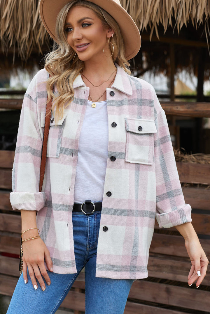 Classic Pink Plaid Print Pocket Women Shacket