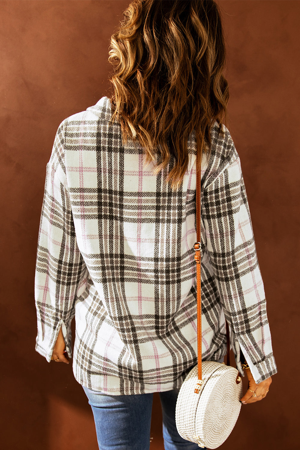 Womens Buttoned Turn Down Collar Plaid Shacket