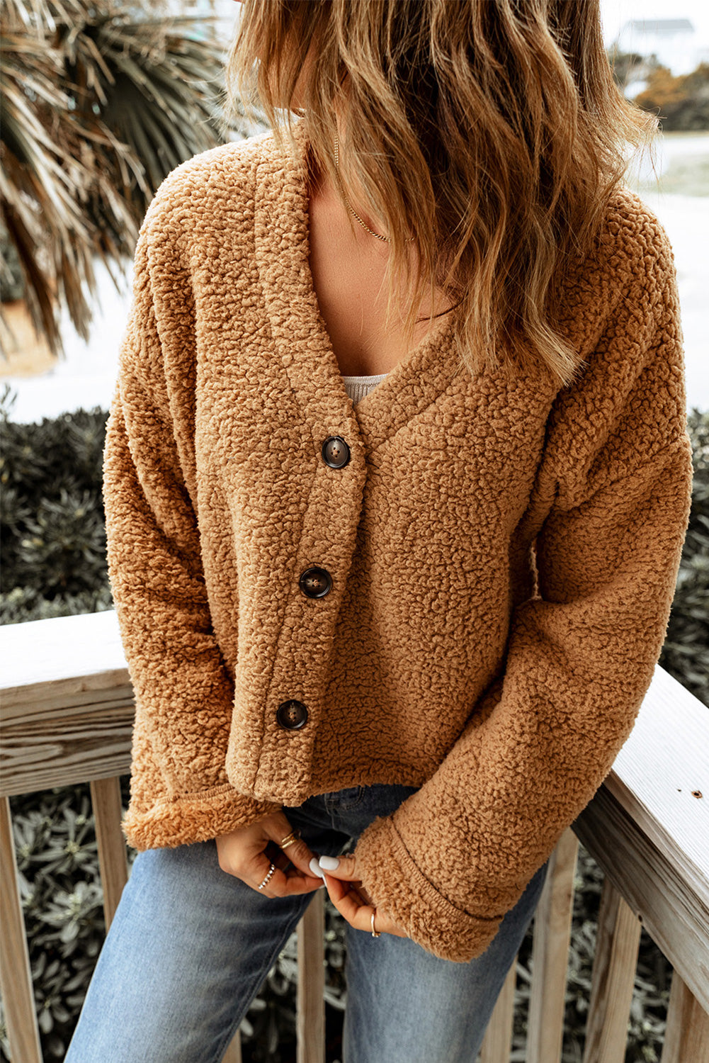 Cute Brown Casual V Neck Button Up Teddy Jacket