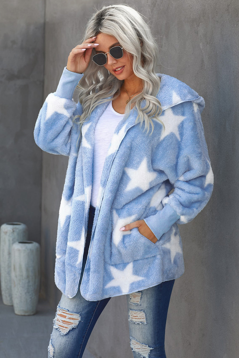 Women’s Sky Blue Lapel Collar Scatter Star Fuzzy Coat