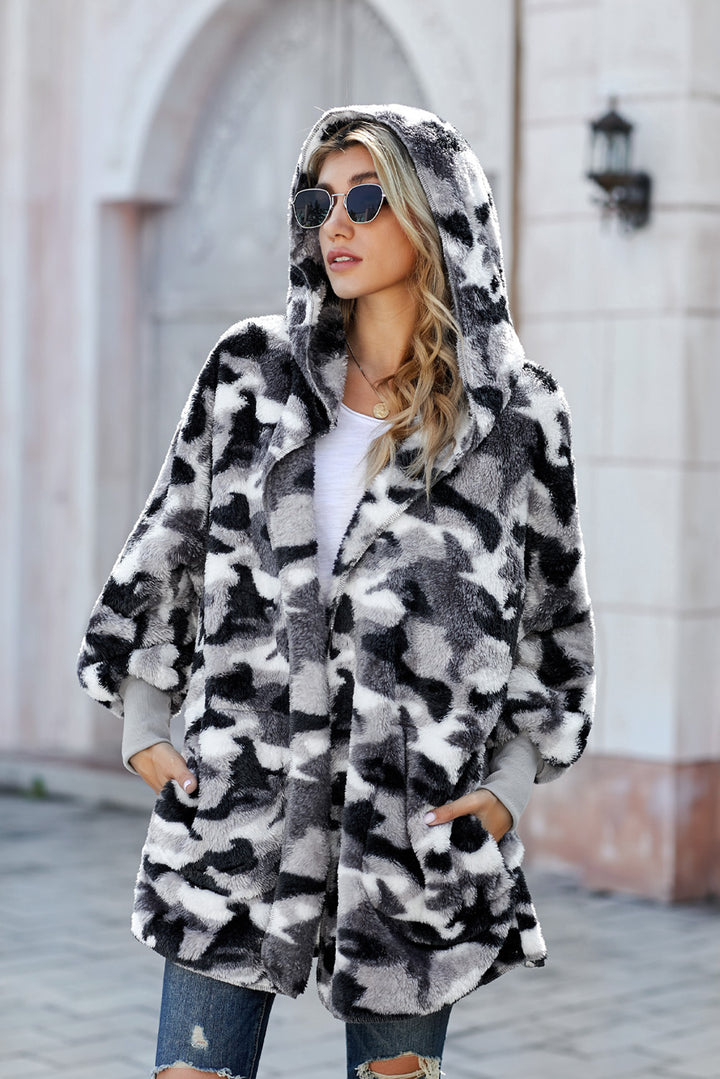 Winter Gray Camo Print Soft Fleece Hooded Open Front Coat