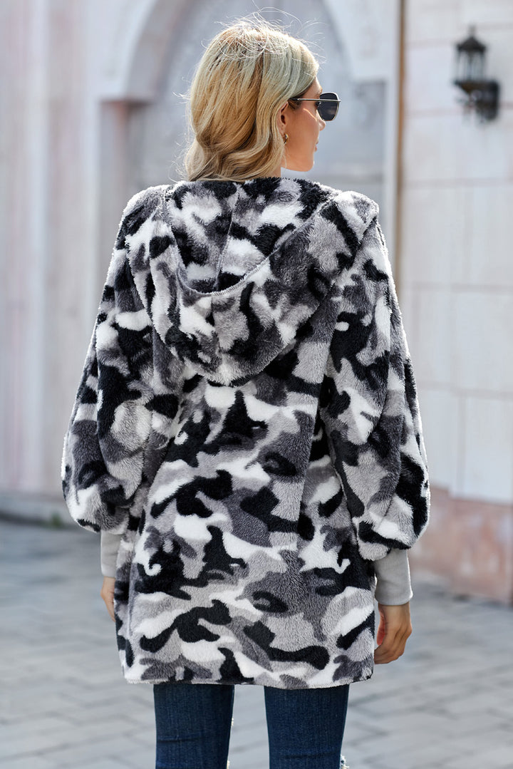 Winter Gray Camo Print Soft Fleece Hooded Open Front Coat