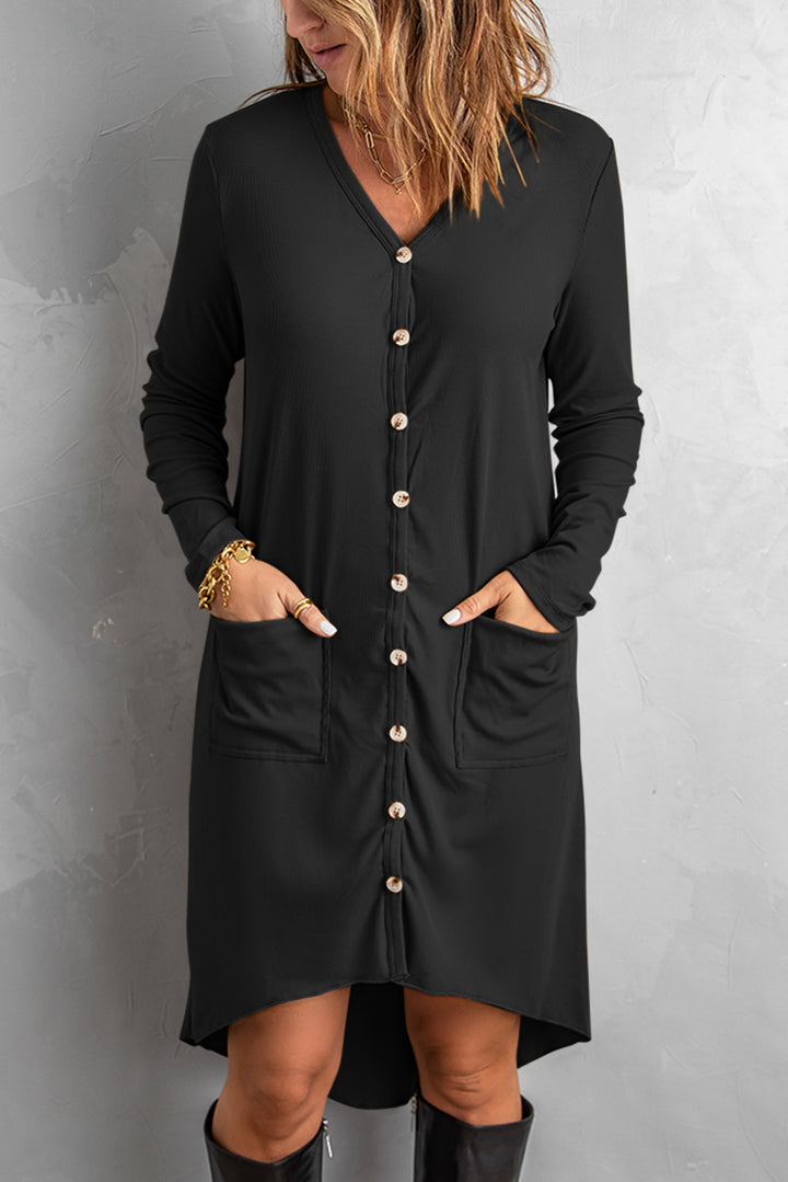 Women's Black Selected Button Down Pocketed Knit High Low Long Cardigan