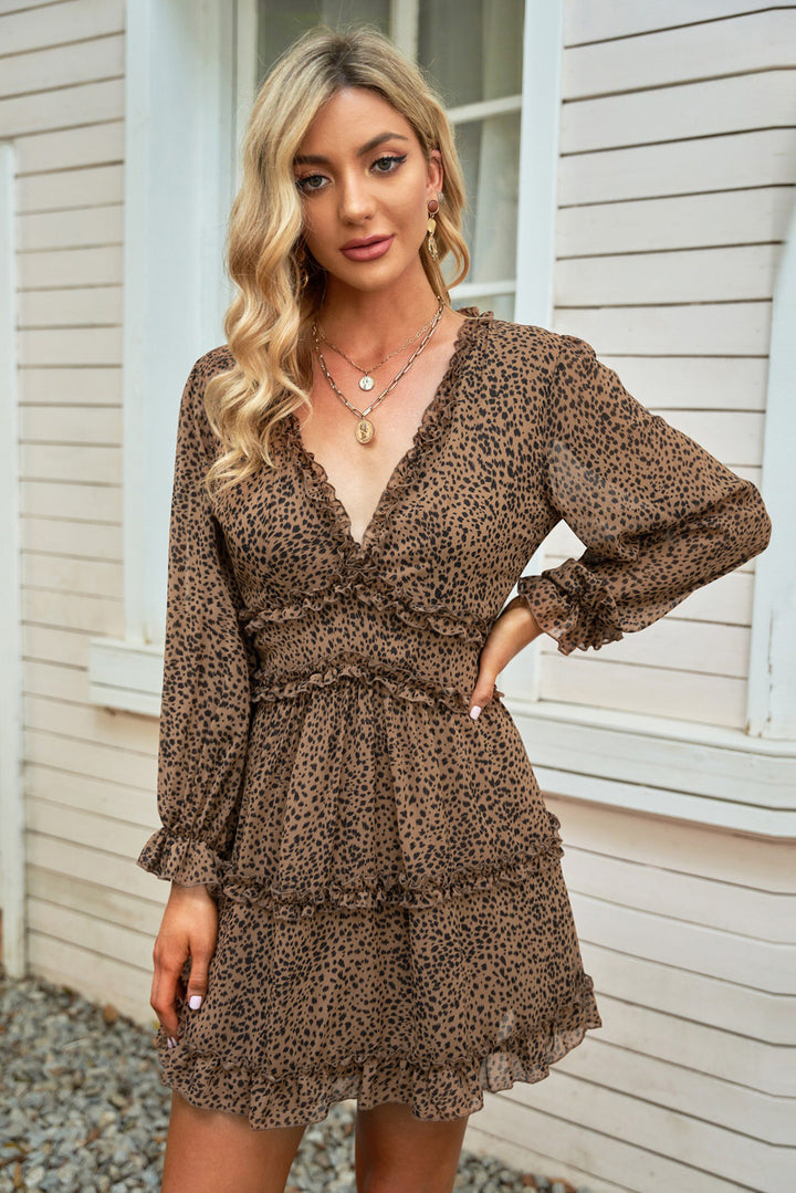 Color_Leopard | Leopard Ruffle Detailing V-neck Open Back Floral Dress