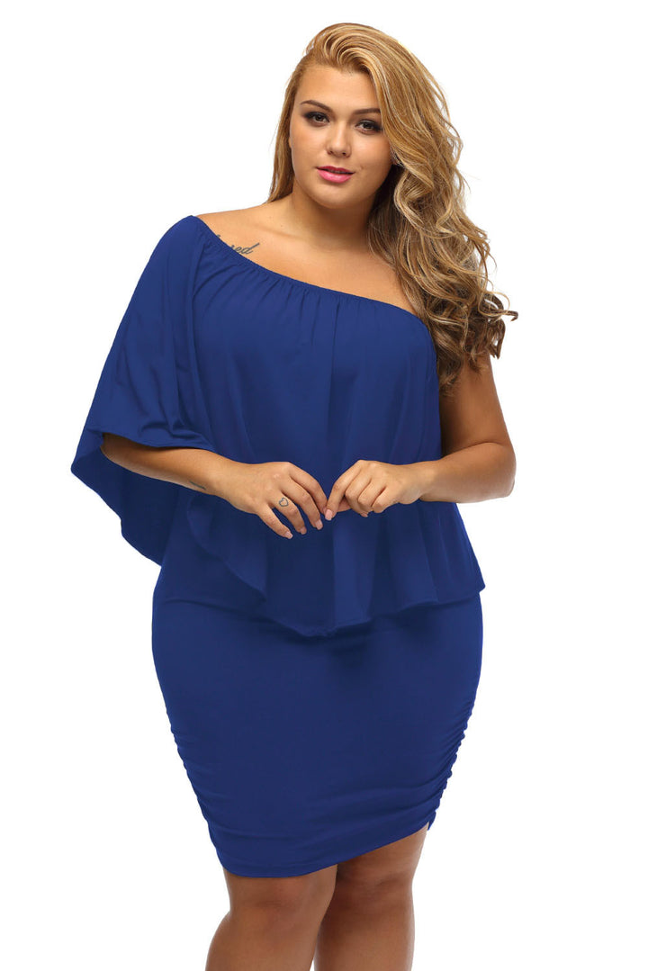 Multi-way Layered Ruffle Blue Plus Size Mini Dress