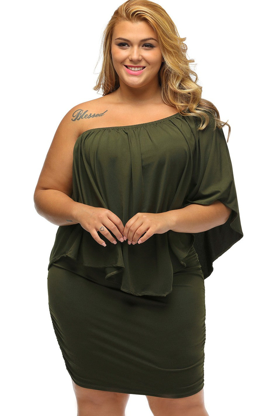 Multiple Dressing Layered Army Green Plus Size Mini Dress MB22820-9P ModeShe Multiple Dressing Layered Army Green Plus Size Mini Dress MB22820-9P ModeShe