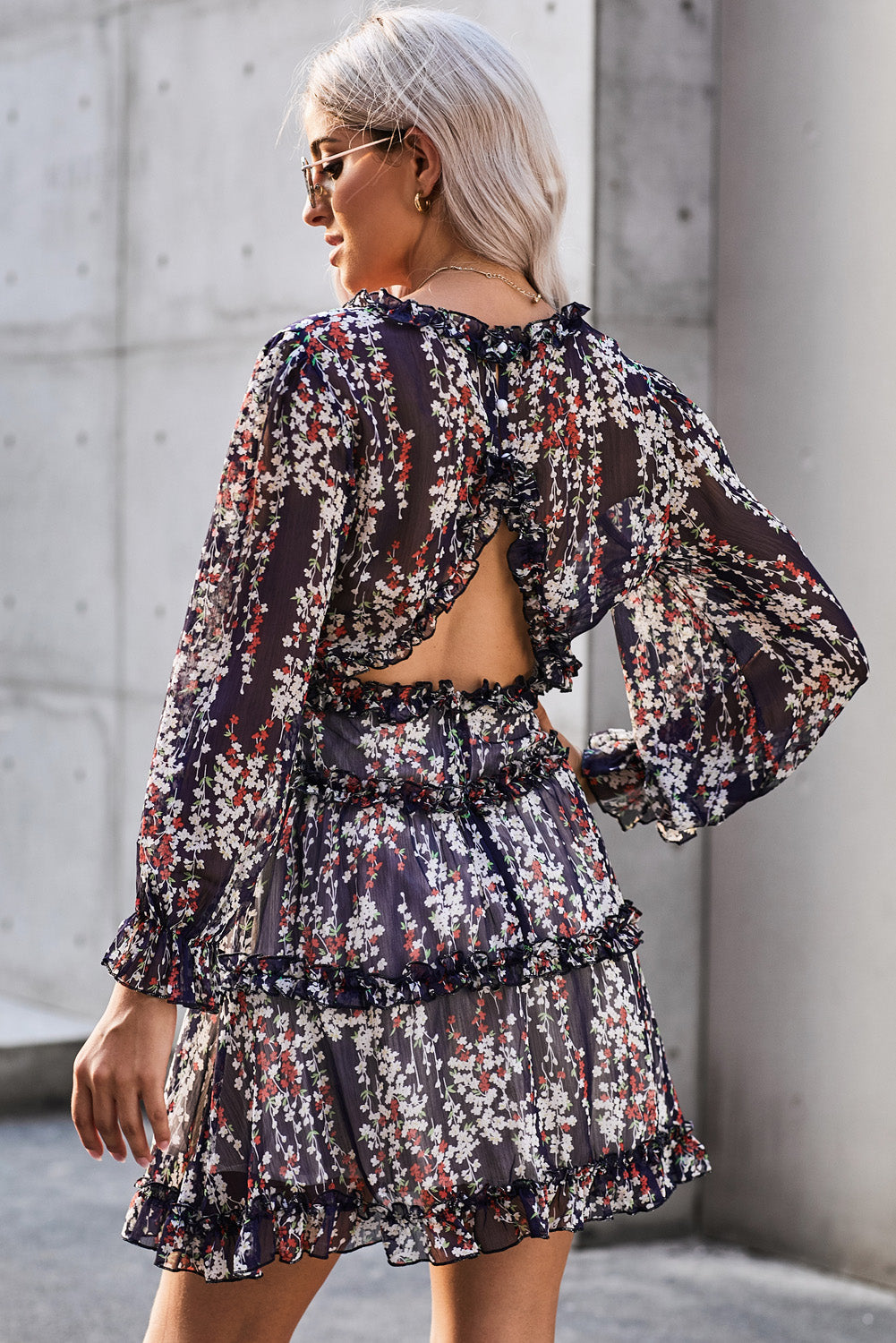 Navy Blue Ruffle Detailing Long Sleeve Open Back Floral Dress