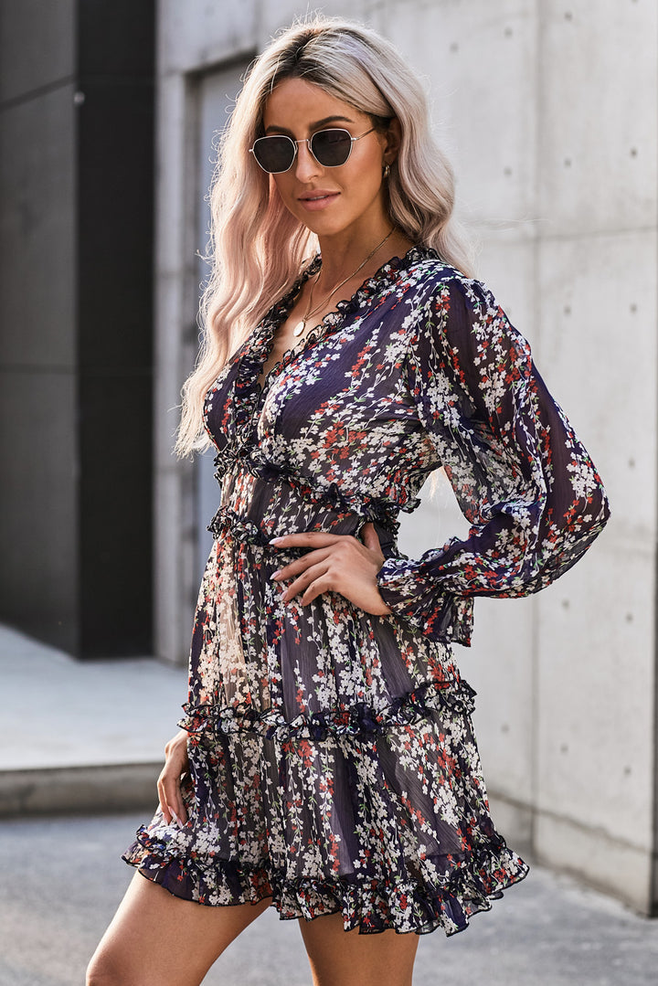 Navy Blue Ruffle Detailing Long Sleeve Open Back Floral Dress