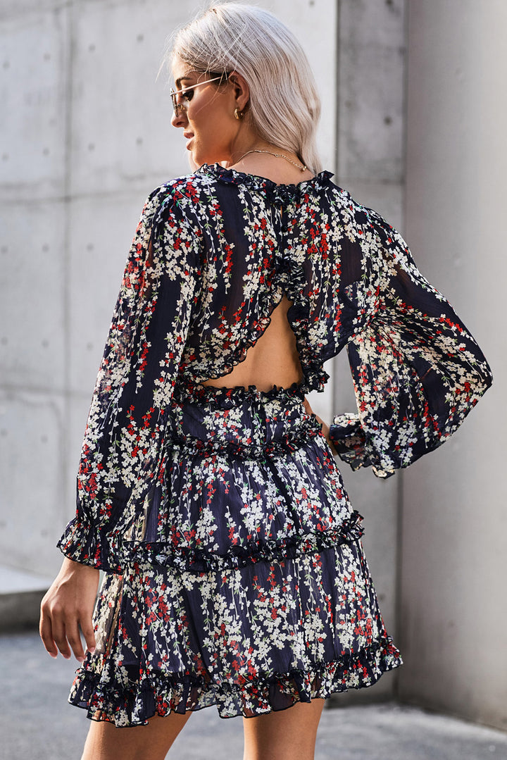 Color_Navy Blue | Navy Blue Ruffle Detailing V-neck Open Back Floral Dress