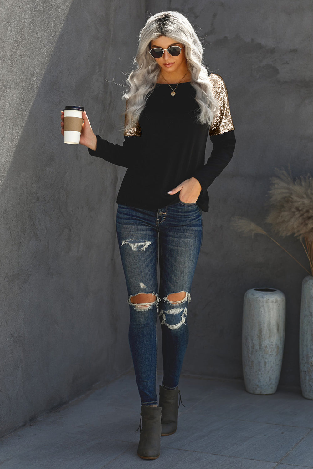 New Black Sequin Shoulder Long Sleeve Top