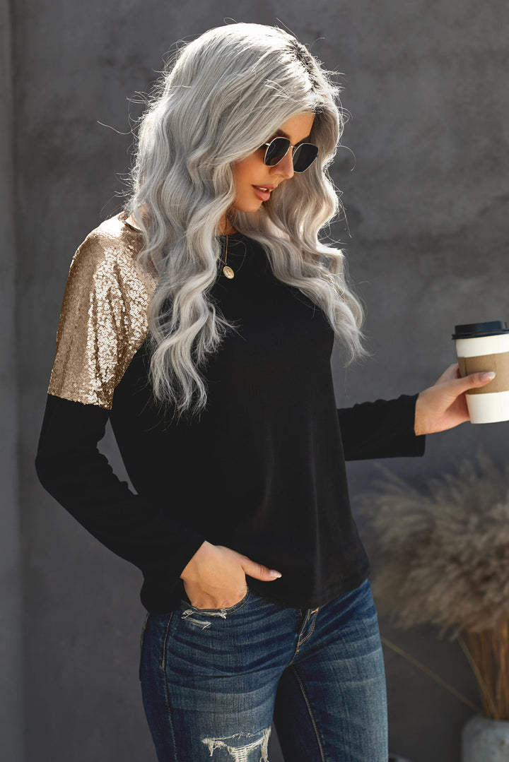 New Black Sequin Shoulder Long Sleeve Top