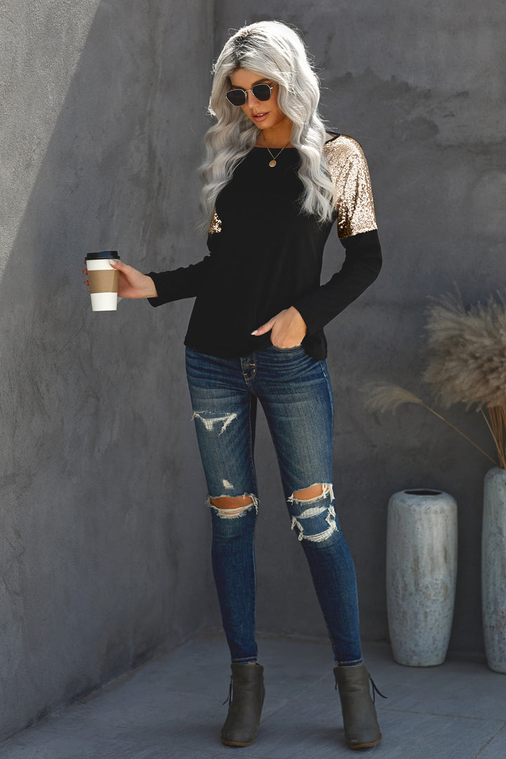 New Black Sequin Shoulder Long Sleeve Top