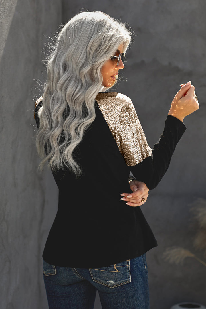 New Black Sequin Shoulder Long Sleeve Top