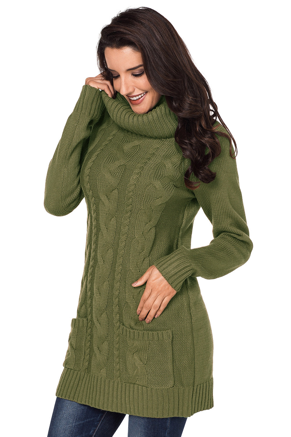 Olive Cowl Neck Pocket Cable Knit Sweater Dress