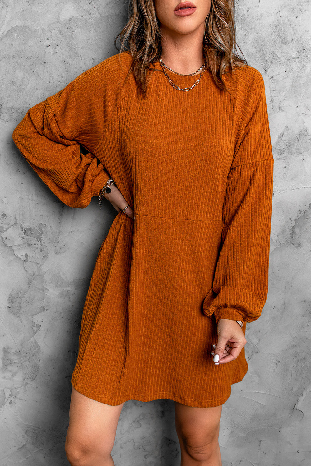 Orange Round Neck Empire Waist Ribbed Knit Dress