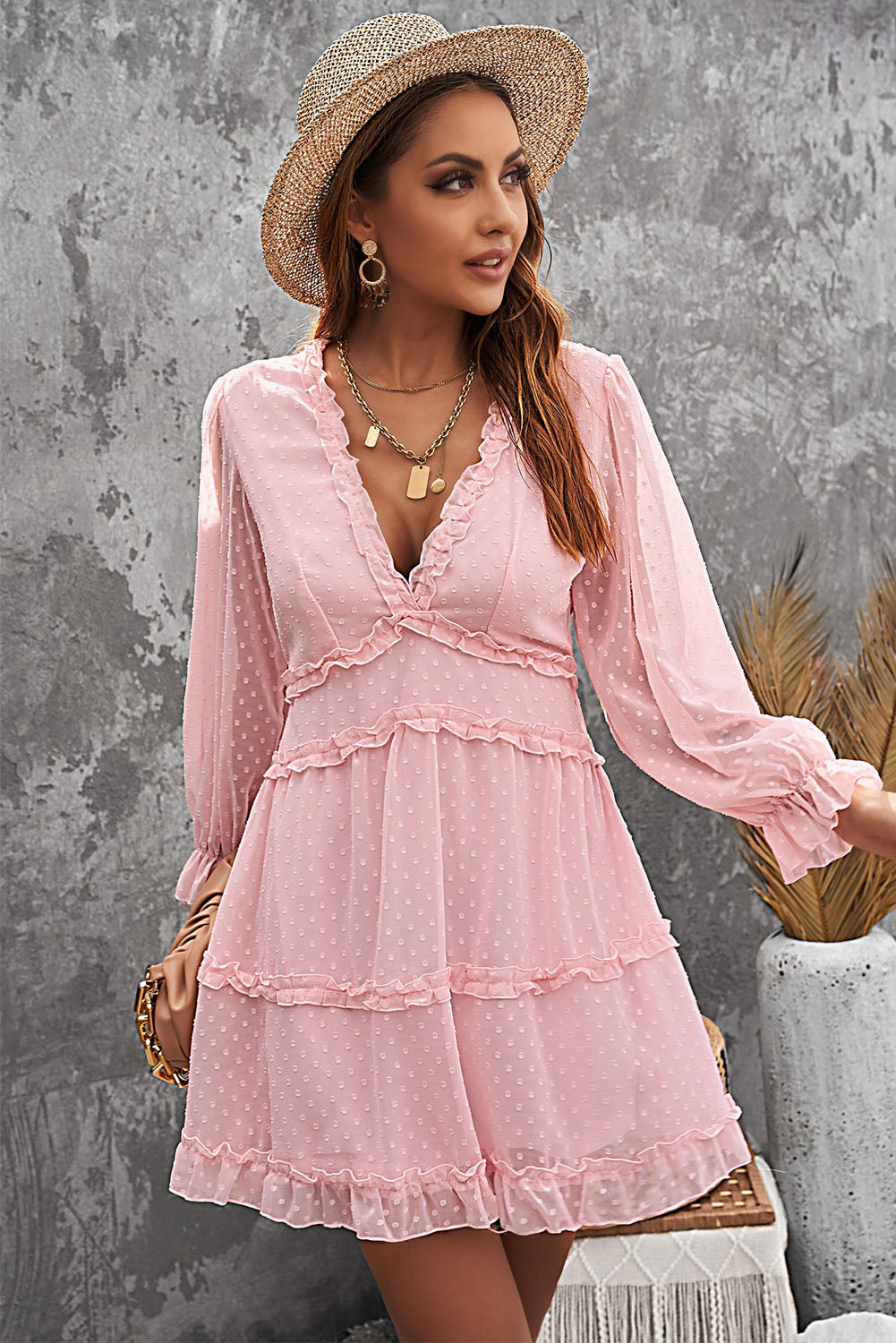 chinese dress ladies Pink Layered Ruffled Open Back V Neck Puff Sleeve Swiss Dot Mini Dress –  ModeShe