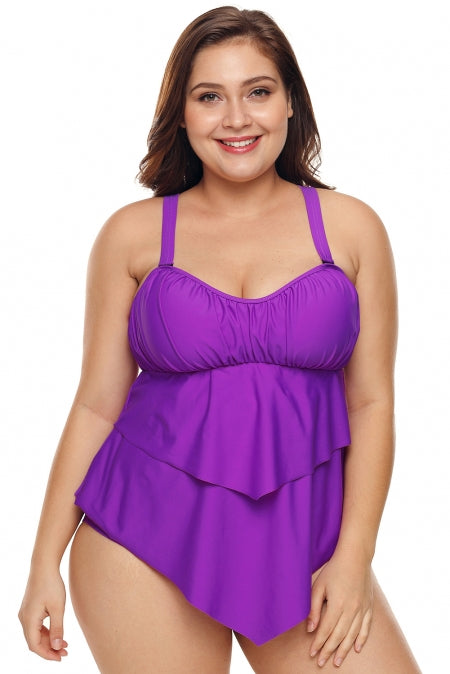 Purple Pleated Detail Ruffles Plus Size Two Piece Swimsuit