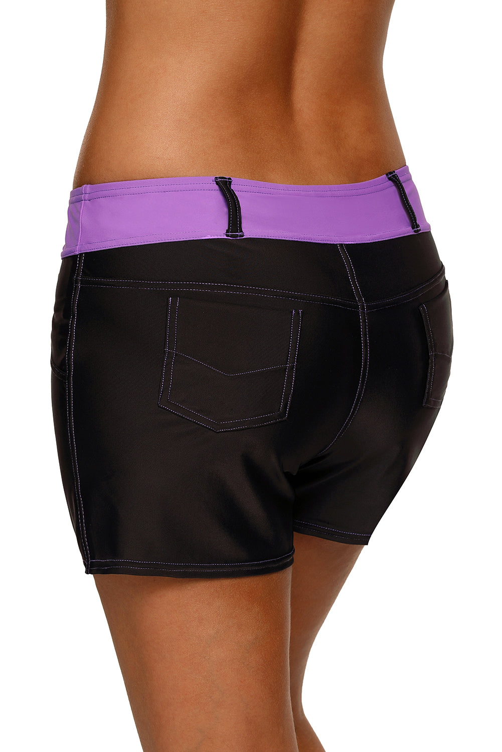 Purple Waistband Faux Denim Sports Shorts Swim Bottoms