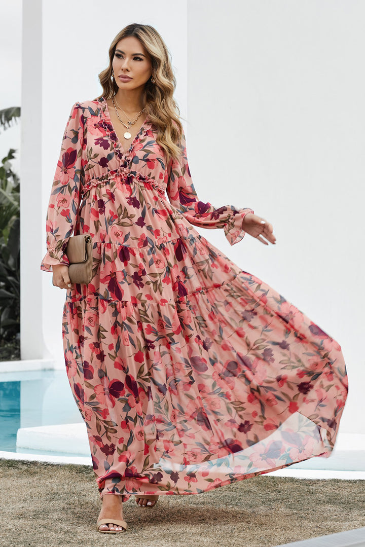 Red Floral Long Sleeve Wild Lotus Ruffle Tiered Maxi Dress