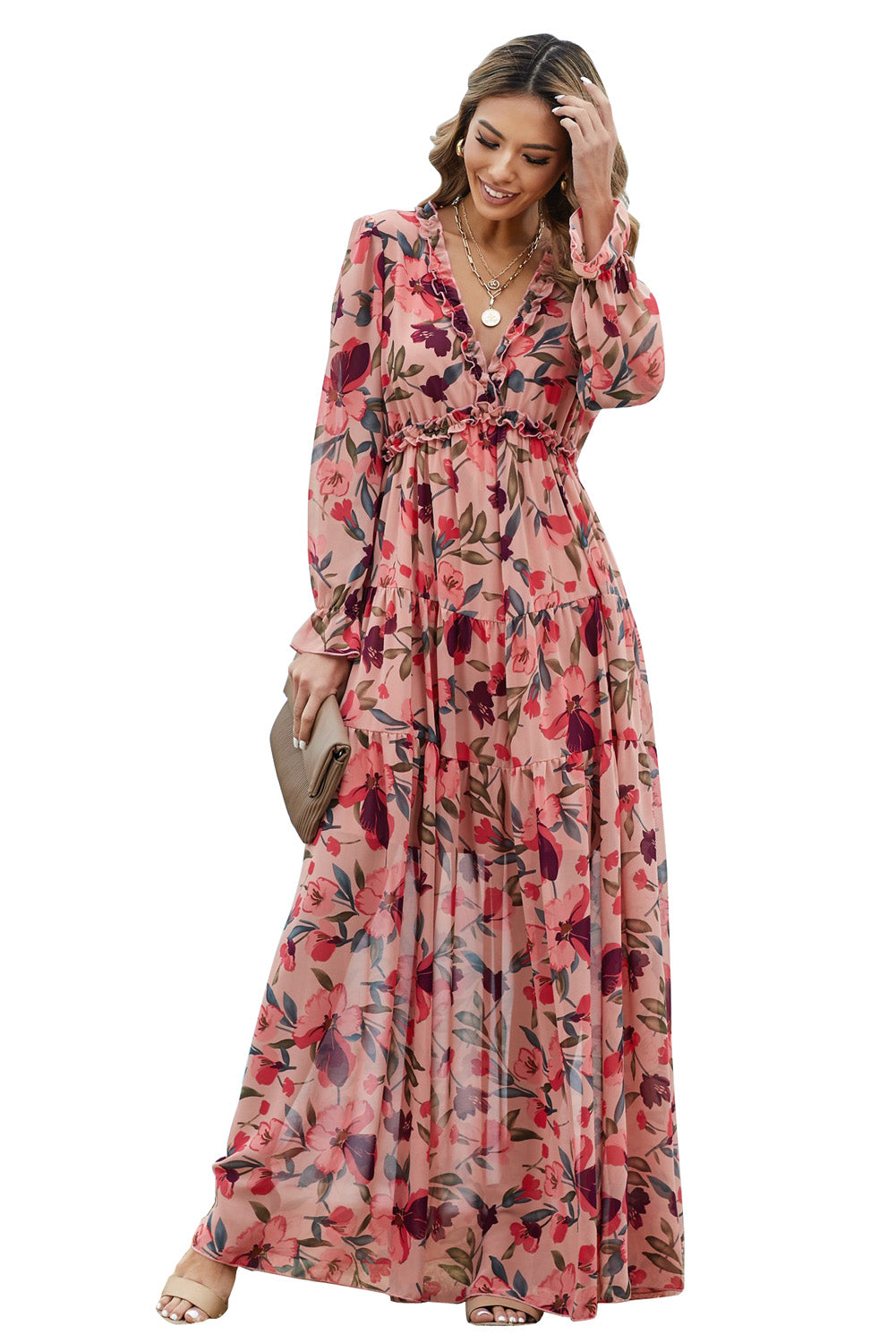 Red Floral Long Sleeve Wild Lotus Ruffle Tiered Maxi Dress