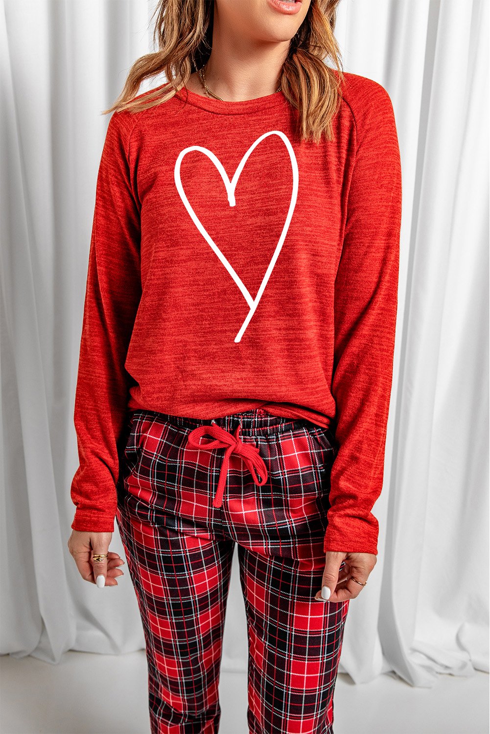 Red Heart Print Plaid Long Sleeve Lounge Set