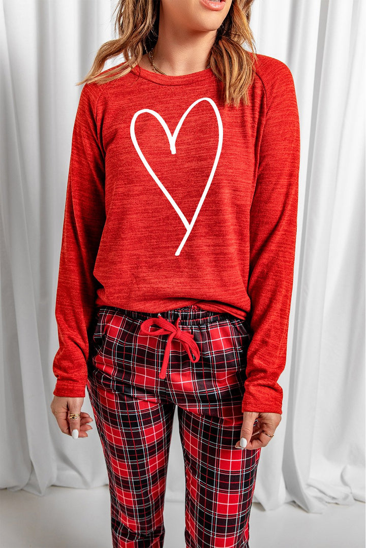 Red Heart Print Plaid Long Sleeve Lounge Set