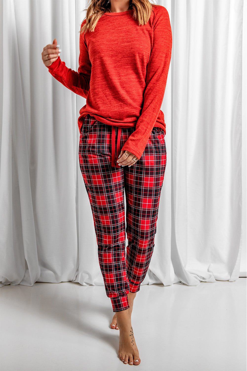 Red Long Sleeve Top and Plaid Pants Loungewear