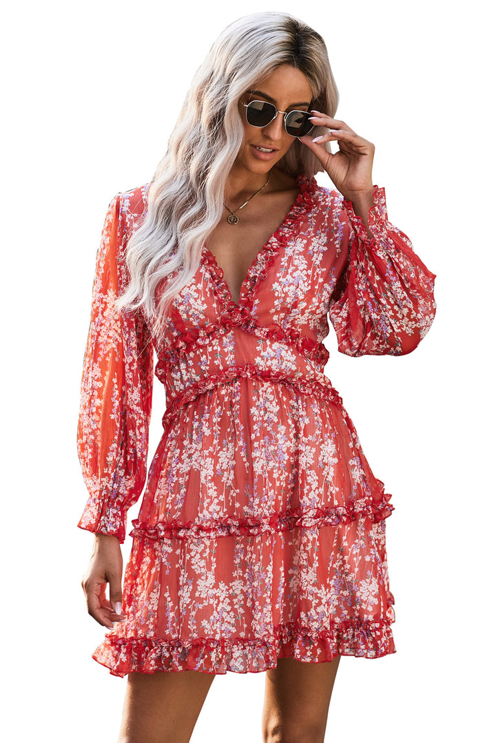 Color_Red | Red Ruffle Detailing V-neck Open Back Floral Dress