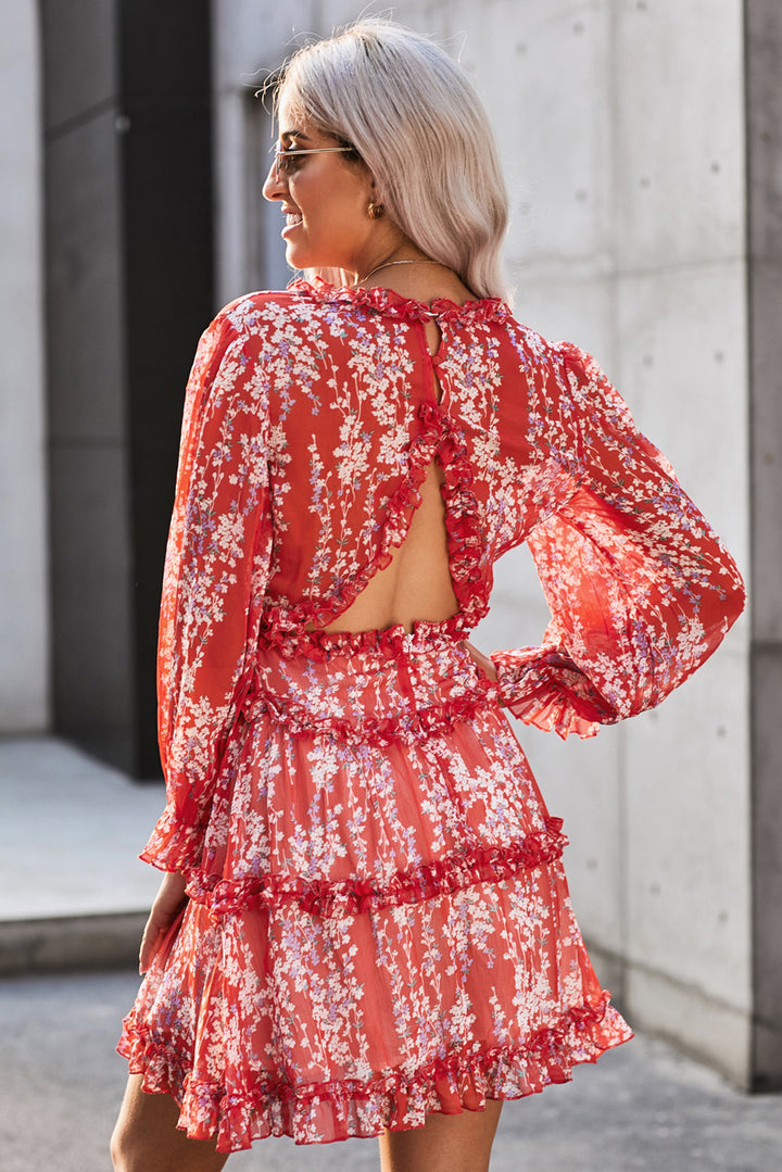 Color_Red | Red Ruffle Detailing V-neck Open Back Floral Dress