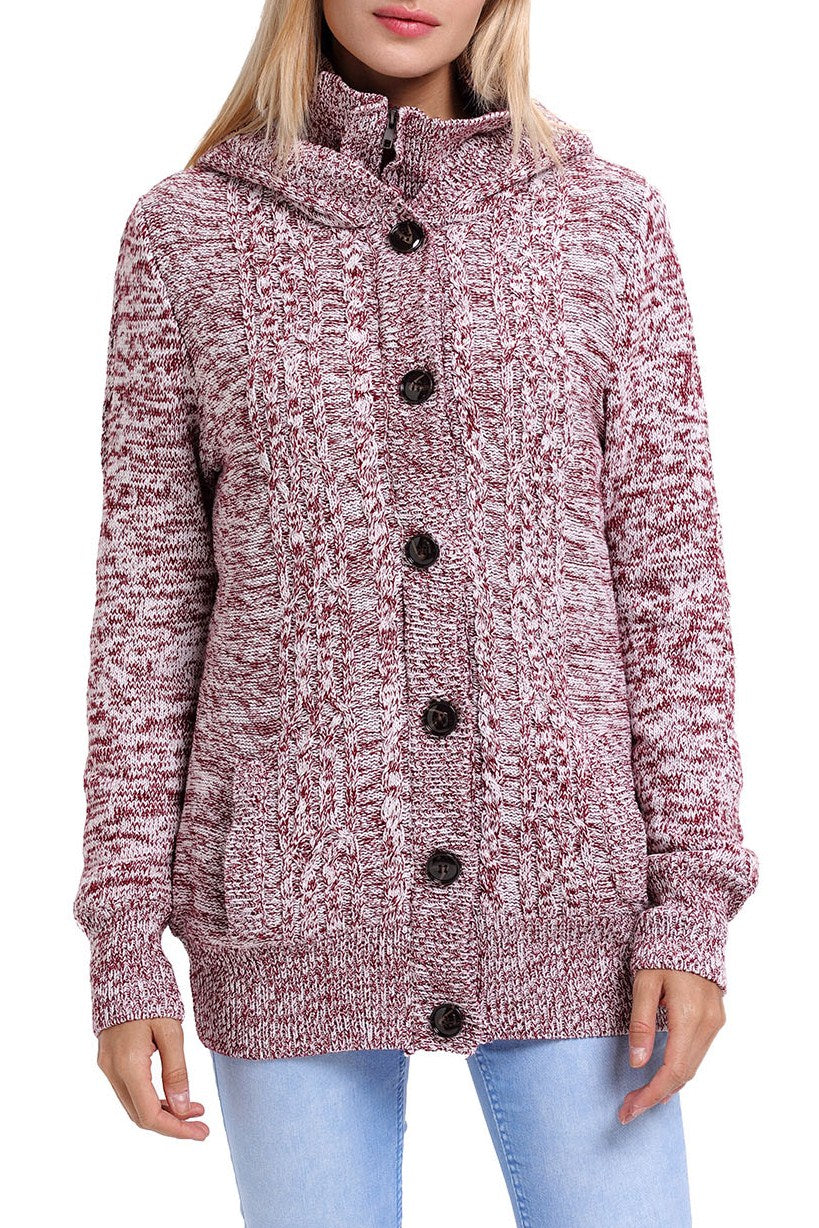 Red Long Sleeve Button-up Hooded Kint Cardigans