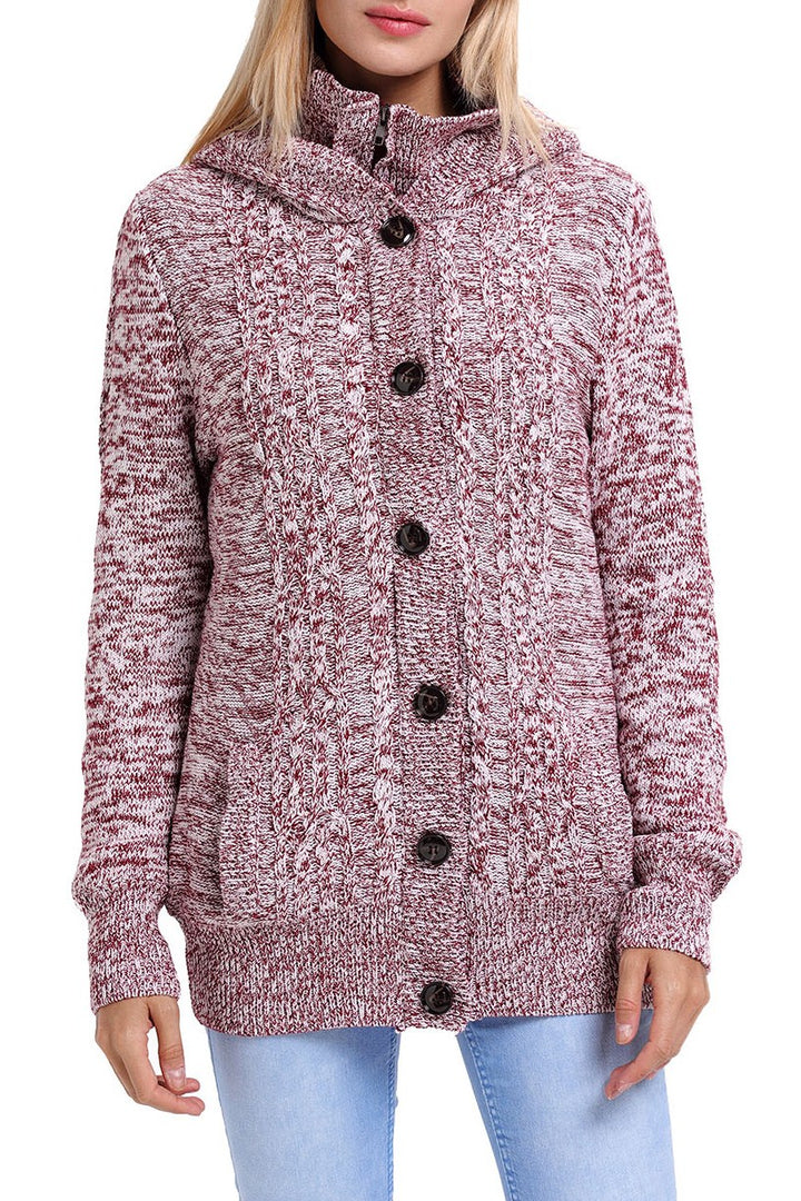 Red Long Sleeve Button-up Hooded Kint Cardigans