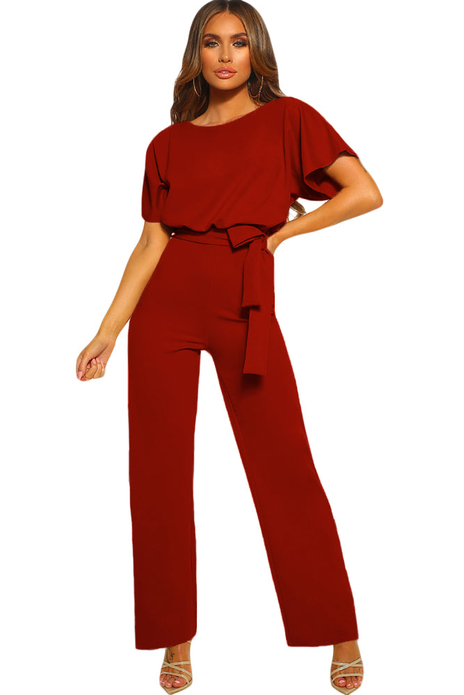 Red Oh So Glam Short Sleeve Belted Wide Leg Jumpsuit