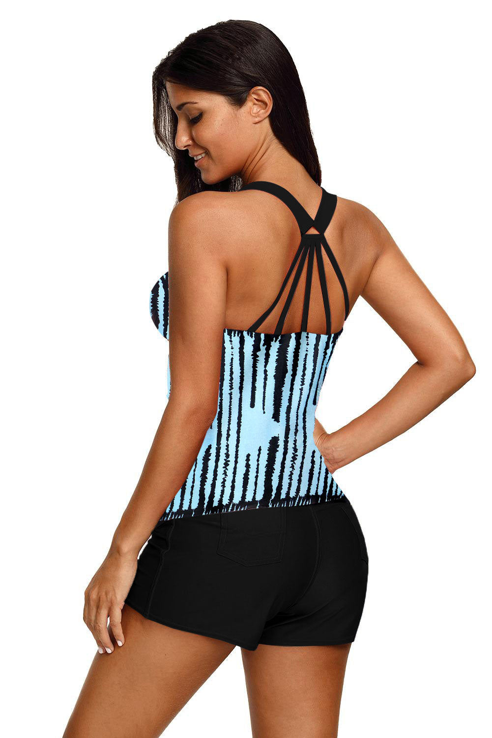 Sky Blue Black Stripes Strappy Back Tankini Top