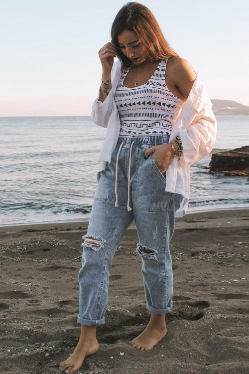 Sky Blue Gather Round Distressed Pocketed Hole Denim Jogger