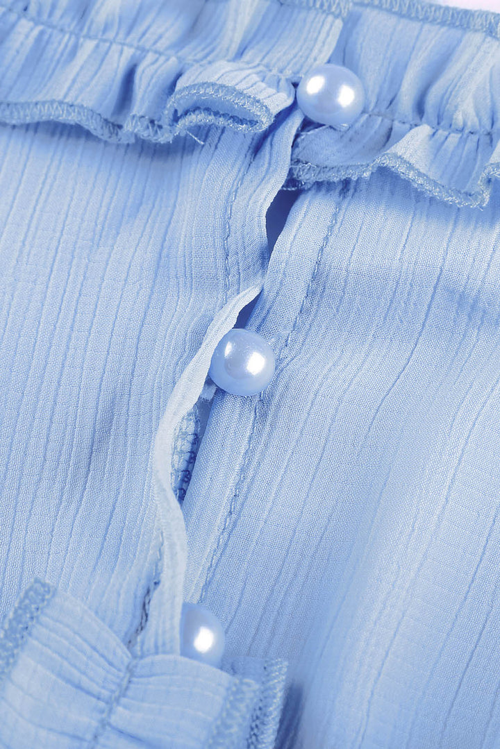 Sky Blue V Neck Ruffle Detailing Open Back Long Sleeve Dress