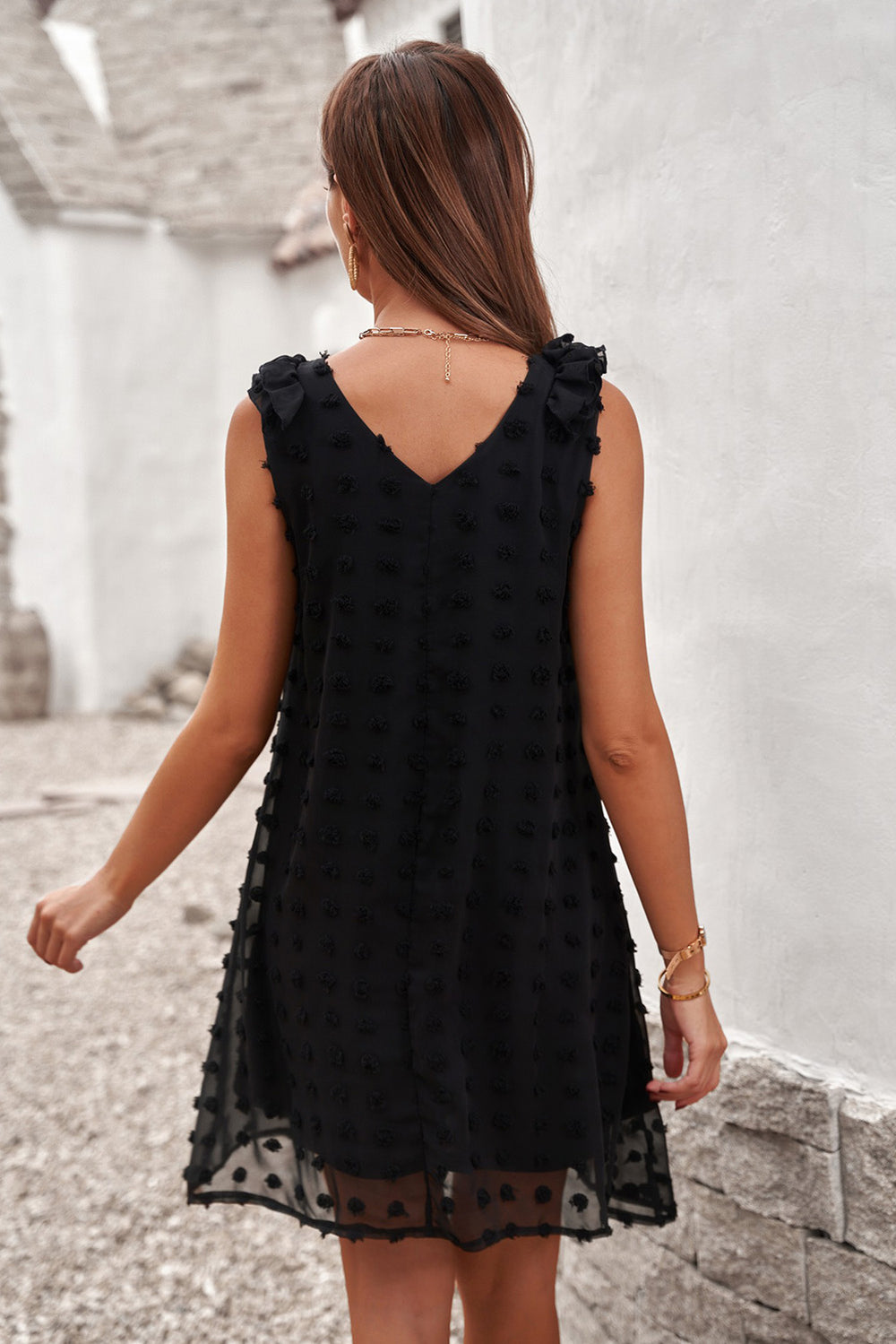 Summer Black Swiss Dot V Neck Ruffled Sleeveless Mini Dress
