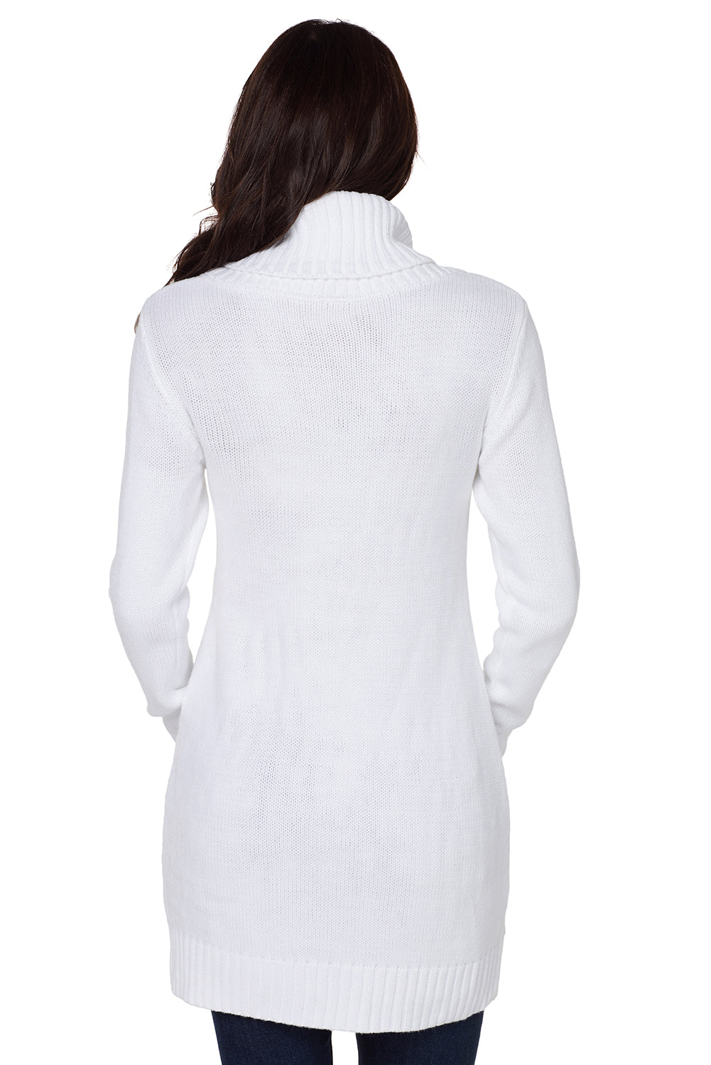 White Cowl Neck Pocket Cable Knit Sweater Dress