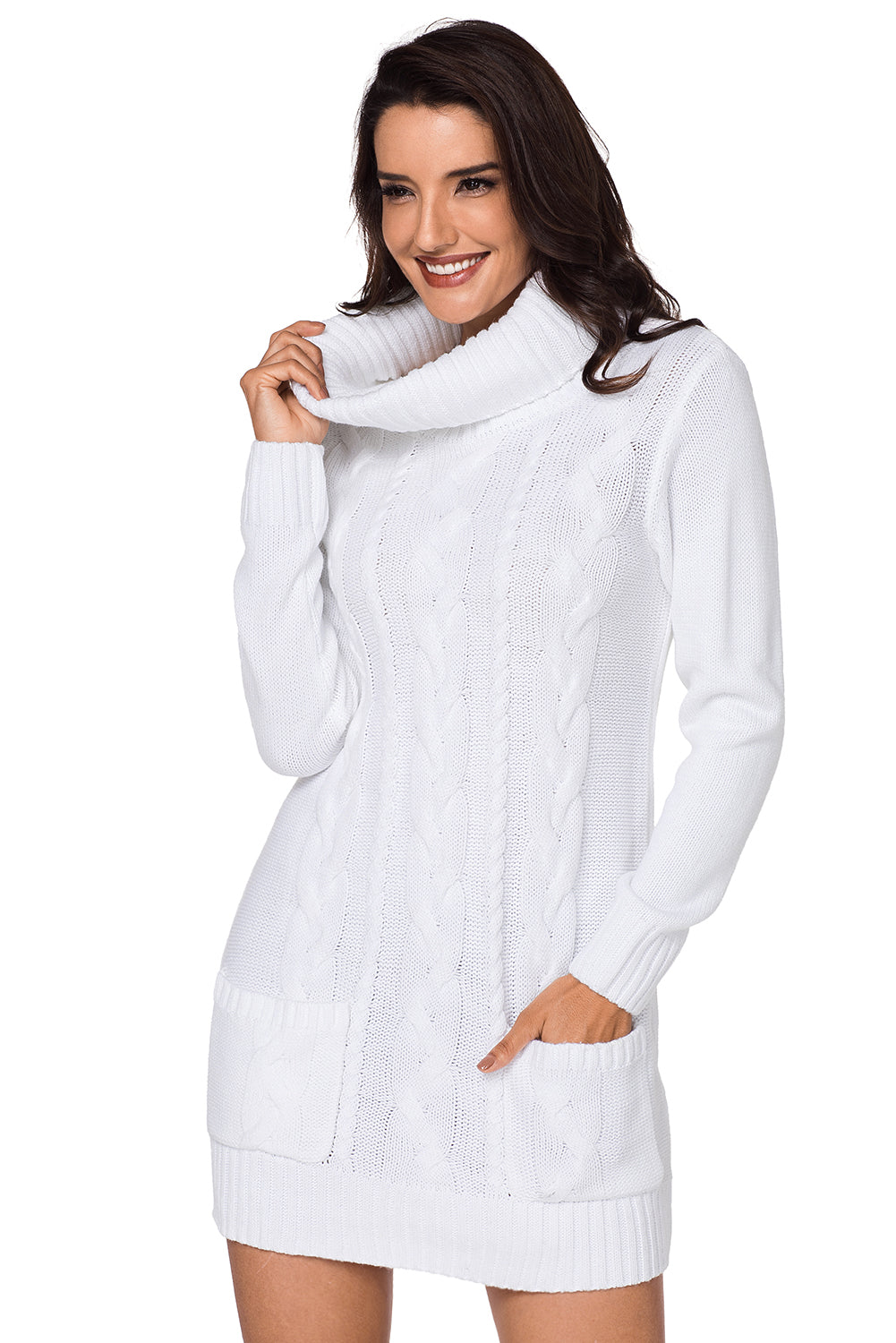 White Cowl Neck Pocket Cable Knit Sweater Dress