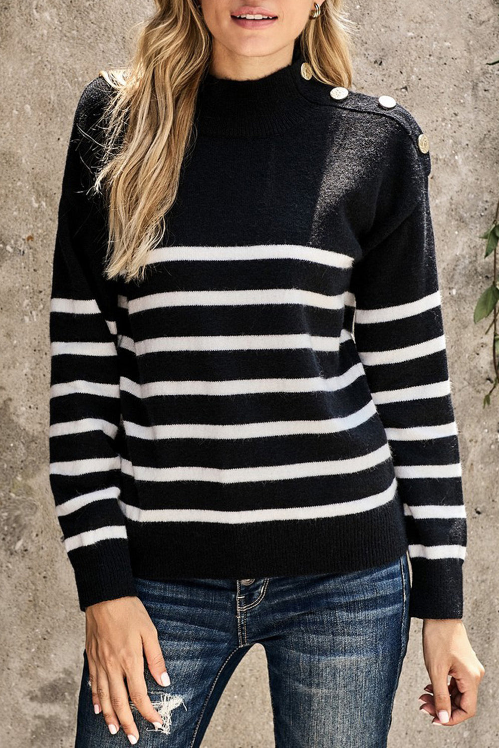 Winter Black Striped Turtleneck Long Sleeve Sweater