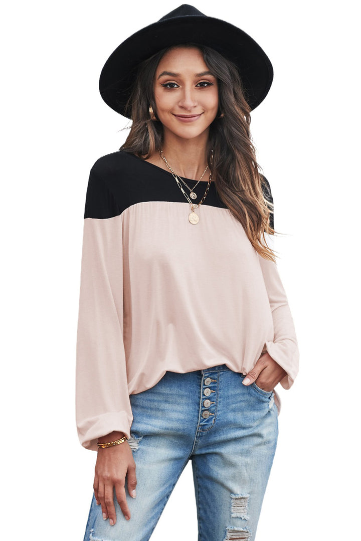 Tunique à manches longues et col rond pour femme, couleur abricot, à blocs de couleurs